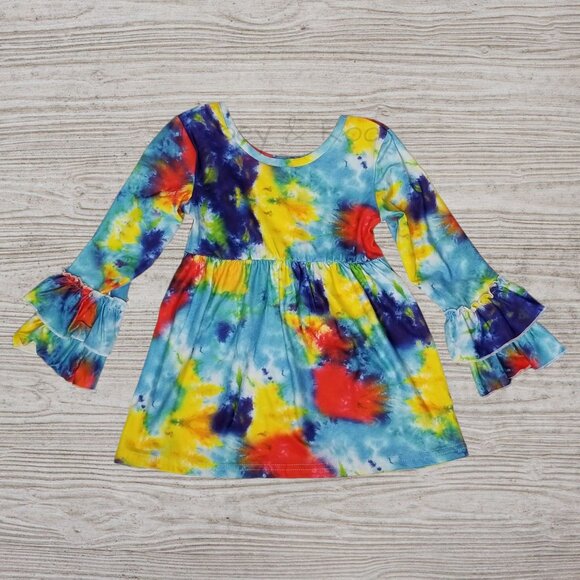 Girls 6 Tie Dye Bell Sleeve Tunic Pink Cut Out Leggings Outfit Set - Picture 2 of 6